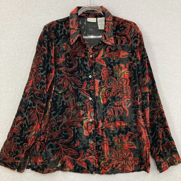 Vintage White Stag Large Red Black Artsy Floral Velvet Burnt-out Button Down - Picture 1 of 9